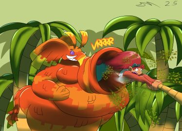 absurd_res alien animate_inanimate anthro bottomwear brown_body brown_fur brown_hair clothing dirtymac elephant elephantid female female_prey forest fur haplorhine hi_res jungle jungle_background mammal monkey orange_body outside pants plant primate proboscidean red_hair shirt sucking topwear tree trunk_(disambiguation) trunk_vore vaccuum vore