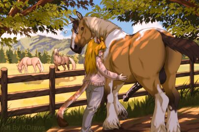 3:2 5_fingers animal_genitalia animal_penis anthro anthro_on_feral backsack balls ballsack biped blonde_hair clothed clothing domestic_cat draft_horse duo_focus equid equine equine_genitalia equine_penis felid feline felis female feral fingers fur genitals group hair half-erect horse interspecies kdraws male male/female mammal mane megan_harris penis quadruped story story_at_source story_in_description tail zoophilia