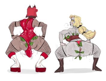 1boy 1girls alastor_(hazbin_hotel) anus ass blonde_hair charlie_morningstar_(hazbin_hotel) dick female fishnet fishnet_armwear fishnet_legwear hazbin_hotel heels jiim_01 latex_suit lipstick male money money_under_clothes panties penis red_hair stripper stripper_clothes