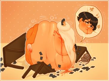 blueberry_inflation breasts bulge bulge_through_clothing clothing huge_breasts immobile lactation large_breasts male male_only nerd property_damage puffpoff spherical_inflation sunken_head sunken_limbs wardrobe_malfunction