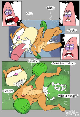 1girls 3boys after_sex anthro breasts brown_fur businessman_(artist) comic cum cum_dripping cum_in_mouth cum_in_pussy dialogue ejaculation female fluffy_tail furry gloves grass interspecies lying_down lying_on_back male male/female mammal mmmf_foursome nickelodeon nipples nude nude_female open_mouth oral oral_sex orgasm orgasm_face patrick_star penis pussy rodent sandy_cheeks spongebob_squarepants squirrel starfish straight tail text text_bubble tongue tongue_out tree_squirrel