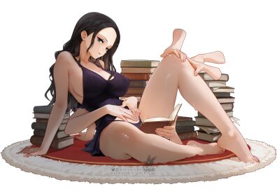 1girls akuma_no_mi arm_support bare_legs barefoot bicio black_hair book book_stack breasts carpet cleavage clothing comic covered_erect_nipples disembodied_hand dressrosa female female_focus female_only hana_hana_no_mi hand_on_own_knee hands_on_own_stomach highres knee_up large_breasts light-skinned_female light_skin long_hair looking_at_viewer multi_arm multi_limb nico_robin nico_robin_(dressrosa) no_bra one_piece pale-skinned_female pale_skin panties sfw solo transparent_background underwear