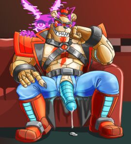animatronic anthro artist_request bear biceps black_nails blue_penis bowtie bracelet evil_smile facial_markings five_nights_at_freddy's five_nights_at_freddy's:_security_breach glamrock_freddy_(fnaf) glitchtrap glitchtrap_possession leather_harness looking_at_viewer looking_pleasured machine male male_focus male_only mind_control non_human penis possessed possession precum precum_drip presenting presenting_penis robot robot_humanoid robot_penis scottgames sitting smile smiling_at_viewer solo solo_focus solo_male steel_wool_studios tan_body top_hat two-tone_body ursid ursid_humanoid ursine william_afton
