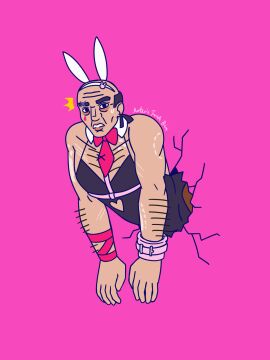 baggy_eyes bald bara body_hair bondage_gear bunny_ears bunnysuit clothed embarrassed eyebrow_piercing hairy_arms hairy_chest looking_at_viewer male male_only meme muscular old_male older_male rabbit_ears rabbit_hole_(deco*27/caststation) rabbit_hole_(vocaloid) receding_hairline ribbons scars scars_on_arm specimen_12 spooky's_house_of_jump_scares spooky's_jump_scare_mansion stuck_in_wall tear_(marking) the_old_man_(shojs) tie yaoi