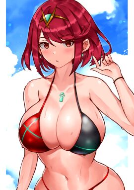 beach bikini bikini_top breasts cleavage core_crystal core_crystal_(xenoblade) diadem earrings female huge_breasts oniisan02b pyra pyra_(xenoblade) red_eyes red_hair short_hair wet wet_body wet_skin xenoblade_(series) xenoblade_chronicles_2 yotsuhauni