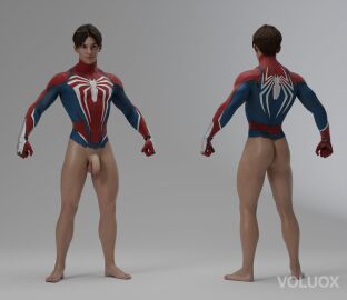1boy 3d_model athletic athletic_male brown_hair foreskin fully_retracted_foreskin male male_focus male_only marvel marvel_comics partially_clothed penis penis_out peter_parker retracted_foreskin skinny solo solo_male spider-man tight_clothing uncircumcised voluox