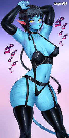 1girls alien alternate_version_available anthro armwear avatar black_gloves black_hair black_thighhighs blue_body blue_skin blush braid braided_hair breasts choker cleavage dayby female female_only fingerless_gloves garter_straps gloves hair hands_behind_head hips kiri_(avatar) latex latex_armwear latex_clothing latex_gloves latex_thighhighs legwear medium_breasts menacing_(jojo) menacing_(meme) na'vi neckwear short_hair smile solo solo_female tail thick_thighs thighhighs thighs wide_hips yellow_eyes