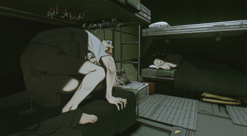 2boys ass bed bottomless commentary couple cum cum_in_pussy cum_overflow english_commentary english_text erection female folded heart highres indoors legs_up male male_masturbation masturbation mating_press moaning multiple_boys multiple_males obj_shep original pale_skin penis pussy science_fiction shirt starfield stealth_masturbation straight t-shirt talking vaginal_penetration variant_set white_hair white_shirt