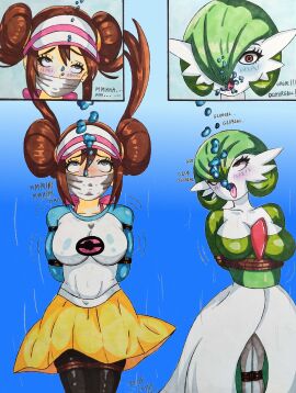 2girls bad_end bad_ending blue-lotus bondage bound bound_and_gagged breasts damsel_in_distress drowning female gagged gardevoir large_breasts nintendo otm_gag peril pokemon pokemon_bw2 rosa_(pokemon) ryona tied_up traditional_art underwater underwater_peril