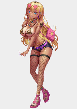 1girls amesuku_gyaru animal_print bare_shoulders belt bikini bikini_tan blonde_hair blue_eyes blush bracelet breasts cigarette dark-skinned_female dark_skin denim denim_shorts earrings eyewear_on_head fake_nails female fishnets full_body gal ganguro grey_background gyaru gyaru_gal hair_ornament heels high_heels highres holding holding_cigarette jewelry kogal kuro_gyaru large_breasts leopard_print looking_at_viewer makeup nail_polish original prostitute prostitution short_shorts shorts simple_background smile solo standing sunglasses swimsuit tako_seijin tan tanline thighhighs white_background