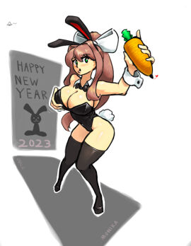 1girls 2023 big_breasts bowtie bowtie_collar breasts carrot carrot_pen collar doki_doki_literature_club emptyskull302 female female_focus green_eyes happy_new_year heart long_hair monika_(doki_doki_literature_club) new_year new_year_2023 pen solo_focus white_bow year_of_the_rabbit