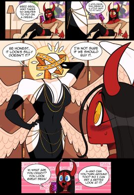 alternate_version_available angel black_gloves black_hair blue_eyes blush blush_lines couch cute demon demon_girl demon_horns dialogue embarrassed female gloves hand_behind_head hand_on_hip horns idolomantises lamp lamppost lili_(idolomantises) modakawa_dress monsters_and_girls muscular muscular_female phone purple_phone red_skin sera_(idolomantises) shadow succubus sweatdrop sweater taking_picture text_bubble trying_on_clothes wings yellow_eyes