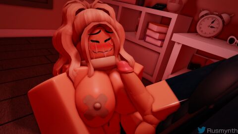 1boy 1girls 3d big_breasts big_dick big_penis black_shirt breasts closed_eyes closed_mouth cum cum_on_face dick ellie_(rusmynth) female light-skinned_male light_skin male oral original_character penis roblox robloxian rusmynth sex tagme