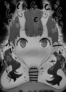 1boy 1girls :>= bare_shoulders big_breasts big_penis black_and_white blowjob blush breasts censored dark-skinned_male dark_skin detailed_background dress drooling dungeon_meshi eyelashes fellatio female heart humanoid indoor indoors interspecies inutade kurotama long_hair looking_at_viewer male male_pov oni oral oral_sex penis pov saliva shiny shiny_skin sketch sound_effects squatting text vein veins veiny veiny_penis