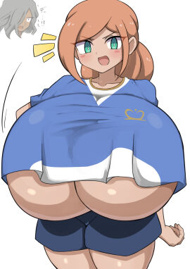 !? 1boy 1girls alice_berardi blush breasts breasts_bigger_than_head dark-skinned_male dark_skin elliot_ember female green_eyes grey_hair hair_over_one_eye haizaki_ryohei hand_on_hip hyper_breasts inazuma_eleven inazuma_eleven_(series) inazuma_eleven_ares_no_tenbin italian jaga334 light-skinned_female light_skin long-haired_male long_hair male orange_eyes orange_hair partially_clothed ponytail shirt_up soccer_uniform sportswear uniform