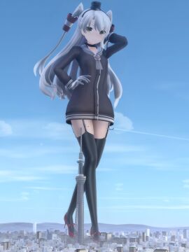 1girls 3d amatsukaze_(kantai_collection) building city female giantess kantai_collection nandeyanengts twintails white_hair yellow_eyes