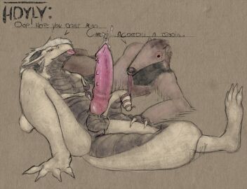 animal_genitalia anteater anthro anus artist_logo artist_name balls big_penis bodily_fluids claws claws_out cum dialogue dragon duo erection fur fur_markings fur_tuft genital_fluids genitals hair hdyly hi_res laying_on_ground lizard logo long_snout long_tail lying male male_focus male_only mammal mandua markings multicolored_body mythological_creature mythological_scalie mythology on_back paws penile_spines penis pilosan pink_eyes portuguese_text presenting_balls presenting_penis reptile scalie sheath signature simple_background snout spread_legs tail tamandua tapering_tongue text tongue translated tuft two-tone_body xenarthan xenarthran