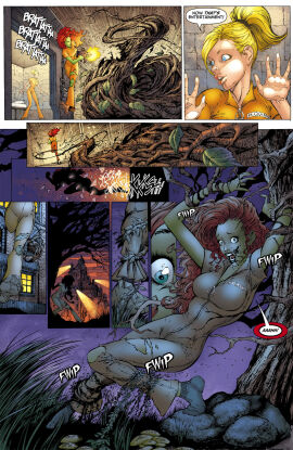 00s 2000s 2006 2girls batman_(series) big_zipper blonde_hair blue_eyes broken_glass canonical_scene captured comic dc dc_comics dialogue english english_dialogue english_text female female_only guns harleen_quinzel harley_quinn joe_benitez john_kalisz jumpsuit official_art pamela_isley poison_ivy prison_jumpsuit prison_uniform shooting speech_bubble tied_up tree victor_llamas vines zipper