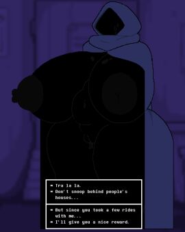 1girls 2d areolae big_areola big_breasts black_body black_skin bodily_fluids breasts breasts_bigger_than_head busty cloak curvaceous curvy curvy_body curvy_female curvy_figure dialogue faceless faceless_character female female_only hood hood_up huge_breasts huge_thighs iktomi large_breasts massive_breasts nipples nude_underneath pussy pussy_juice_drip river_person robe robe_only slightly_chubby solo solo_focus suggestive sweat text thick_thighs thighs undertale undertale_(series) venus_body videogamedunky voluptuous voluptuous_female