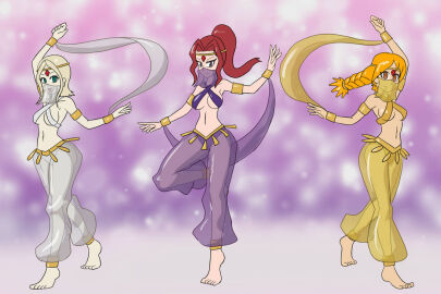 2d 2d_(artwork) 2d_artwork 3girls aika_(skies_of_arcadia) amber_eyes ankle_cuffs anklet anklets bare_arms bare_midriff bare_shoulders barefoot bellena belleza belly_button belly_dancer belly_dancer_outfit blonde_hair bra bracelet braided_hair braided_twintails breasts cross_bra dancer dancer_class dancer_girl dancer_outfit eyelashes fanservice female female_only fina_(skies_of_arcadia) gem gem_on_forehead gemstone gold_(metal) gold_anklet gold_anklets gold_bracelets gold_headband gold_jewelry golden_anklets golden_bracelets golden_headwear green_eyes hair_bangs harem harem_girl harem_girls harem_jewelry harem_outfit harem_pants headband hypnosis hypnosis_ending hypnotic_eyes hypnotized_eyes hypnotized_female inner_sideboob light-skinned_female light_skin long_hair midriff mouth_veil navel pale-skinned_female pale_blonde_hair pale_skin ponytail purple_background purple_bra purple_eyes purple_pants purple_scarf purple_silk red_gem red_gemstone red_hair see-through see-through_clothing see-through_dress see-through_pants see-through_veil short_hair sideass sideboob silk silk_clothing silk_scarf skies_of_arcadia slave slave_girl slave_outfit sparkles twintails underboob veil white_bra white_pants white_scarf yellow_bra yellow_pants yellow_scarf yellow_silk