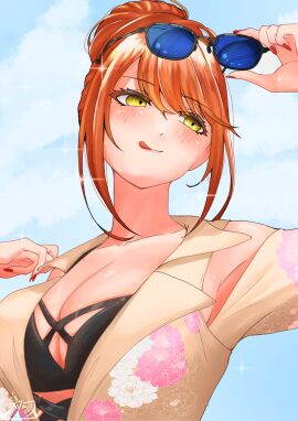1girls armpits big_breasts breasts clothed cloud d4dj eyewear_removed female hair_up japanese_text kapushino outdoors seto_rika sparkles sunglasses text tongue tongue_out watermark