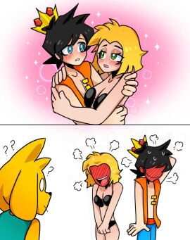 1boy 1girls 5_fingers animal_nose anthro background black_hair black_nose blue_eyes blush eyebrows eyelashes eyes female fingers flush flushed green_eyes human las_perrerias_de_mike los_compas male mikecrack minecraft_youtubers nose robin_(las_perrerias_de_mike) sweat sweatdrop tagme yellow_hair youtube youtube_hispanic youtuber