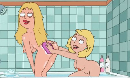 20th_century_fox 3girls american_dad animated becky_arangino cleaning female francine_smith fuzzy_door_productions guido_l hayley_smith lesbian multiple_females multiple_girls nude nude_female peeing shower urine yuri