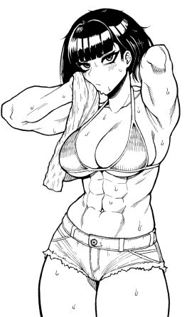1girls armpits bare_shoulders bikini black_hair breasts cleavage collarbone commission denim denim_shorts female holding holding_towel large_breasts line_art looking_at_viewer monochrome muscular muscular_female navel original short_hair shorts solo sweat swimsuit towel websake white_background