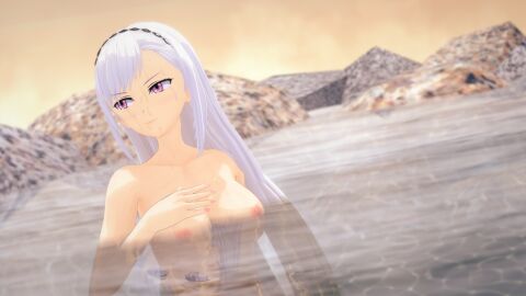 1girls boots breasts classroom_of_the_elite closed_mouth collarbone female hairband hand_on_own_chest kiryuuin_fuuka koikatsu long_hair medium_breasts mountain nipples notpistol nude onsen outdoors partially_submerged purple_eyes smile solo upper_body water wet white_hair youkoso_jitsuryoku_shijou_shugi_no_kyoushitsu_e