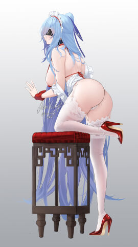 1girls absurdly_long_hair absurdres alternate_costume ass back black_blindfold blindfold blue_hair blue_ribbon breasts closed_mouth enmaided female from_behind full_body gradient_background grey_background hair_ribbon hand_up high_heels highres honkai:_star_rail honkai_(series) jingliu_(honkai:_star_rail) lace lace-trimmed_thighhighs lace_trim large_breasts leg_up long_hair maid maid_headdress panties profile red_shoes red_wrist_cuffs ribbon sanvicept shoes shoulder_blades signature solo thighhighs thighs underwear very_long_hair white_panties white_thighhighs wrist_cuffs