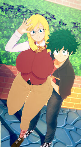 1boy 1girls 3d big_breasts blonde_hair breasts female glasses green_eyes green_hair huge_breasts izuku_midoriya large_breasts looking_at_viewer male melissa_shield my_hero_academia qxdt