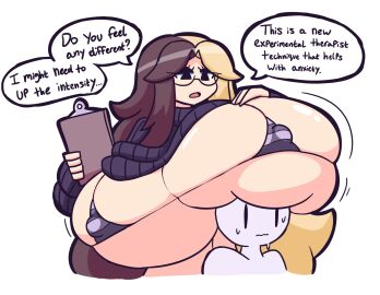 bikini bikini_under_clothes blonde_hair bra breast_grab breast_on_head breasts breasts_bigger_than_head brown_hair clothed female gensin grabbing_own_breast huge_breasts larger_female nervous nipples_visible_through_clothing original_character public public_exposure public_nudity revealing_clothes squished_breasts sweater tagme taller_female teasing therapist therapist_oc_(tofetanuki)