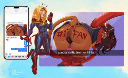 1futa 1girls anal_hair anus artist_logo artist_name artist_signature ass ass_focus ass_spread ass_writing blonde_hair brown-skinned_female brown_ass brown_eyes brown_hair brown_skin bulge bulge_through_clothing captain_marvel carol_danvers chocolate_and_vanilla dark-skinned_female dark_skin english english_dialogue english_text erection erection_under_clothes female futanari hairy_anus hairy_pussy intersex kamala_khan light-skinned_futa light_skin marvel marvel_comics ms._marvel ms._marvel_(kamala_khan) muslim muslim_female pakistani pakistani_female panties panties_down pinafore_(artist) presenting presenting_hindquarters pubic_hair pussy pussy_juice pussy_juice_drip smartphone superhero superhero_costume superheroine tenting
