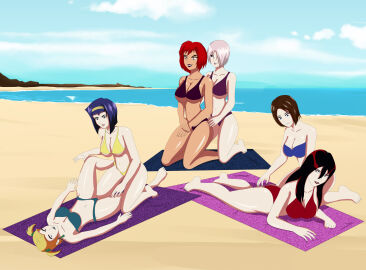6girls anoneysnufftan applying_sunscreen beach beach_towel bikini blonde_hair blue_eyes blue_hair brown_hair cowboy_bebop crossover dusk_(hex_girls) eastern_and_western_character edasbild embarrassed faye_valentine female female_only goth_girl hair_over_one_eye hex_girls humiliation imminent_death isabella_valentine jill_valentine killer_lotion luna_(hex_girls) massage name_connection ocean peril punishment red_hair resident_evil rubbing sand scooby-doo seaside short_hair sky soul_calibur summer sunbathing swimsuit thorn_(hex_girls) towel twintails valentine's_day white_hair