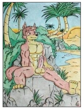 2020 abs absurd_res anthro balls bara biceps black_nose brown_body brown_fur brown_hair canid canine canis coyote dashthefox desert detailed detailed_background erection fur genitals hair hi_res humanoid_genitalia humanoid_penis lake male mammal masculine_male morning multicolored_body multicolored_fur muscular muscular_anthro muscular_arms muscular_male muscular_thighs nature nature_background nude nude_anthro nude_male oasis obliques on_rock outside palm_tree pecs penis pink_penis plant rock sitting sitting_on_rock smile solo sun tail traditional_media_(artwork) tree water yaoi