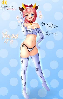 1girls bare_shoulders bell bell_collar blue_eyes bow breasts cleavage collar collar_bell cow_bell cow_bell_collar cow_print cow_print_legwear doki_doki_literature_club english_text female hair_bow hairbow heart hearts navel onyxvoyd pink_hair red_bow red_hair_bow red_hairbow sayori_(doki_doki_literature_club) strip_game text