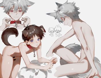 animal_humanoid blue_eyes brown_hair canid canid_humanoid canine canine_humanoid censor_bar censored collar duo embarrassed_nude_femboy femboy genitals grey_hair hair hair_between_eyes hi_res humanoid kaworu_nagisa male male/male mammal mammal_humanoid mogutofuoes neon_genesis_evangelion nude penis red_collar red_eyes shinji_ikari simple_background smile white_background