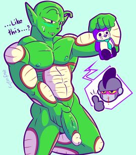 alien bodily_fluids digital_media_(artwork) dragon_ball dragon_ball_z duo electronics erection fizzyjay gamma_1 genitals green_body hi_res humanoid humanoid_genitalia humanoid_penis male male/male muscular muscular_male namekian nosebleed not_furry nude penis phone piccolo reaction reaction_bubble selfie simple_background solo_focus