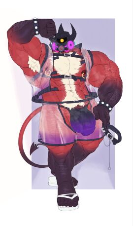 1_eye 2024 3_horns arm_above_head arm_hair armor armpit_hair biceps black_clothing black_thong black_underwear body_hair bottomwear bracelet bulge chest_tuft clothing collar demon demon_humanoid detailed_bulge fishingmanmax footwear forearm_muscles gas_mask genitals gloves_(marking) hairy_legs happy_trail headgear helmet hi_res holding_collar holding_object horn horned_helmet humanoid jewelry leg_markings looking_at_viewer male male_only markings mask multi_horn muscles muscular muscular_humanoid muscular_male pants penis penis_base red_body red_skin sandals shoes shorts socks_(marking) solo spade_tail spiked_bracelet spikes tail thong topwear translucent translucent_bottomwear translucent_clothing translucent_pants translucent_shorts translucent_topwear translucent_vest triceps tuft underwear urgon vein veiny_muscles vest white_clothing white_footwear white_sandals yellow_eyes