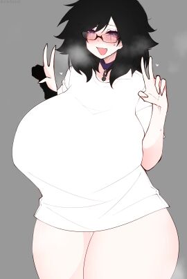 big_breasts blue_eyes breasts dani_(shiirano) dark_hair female glove imnotshiira_(artist) light-skinned_female light_skin looking_at_viewer original peace_sign shiirano shirt tagme thick_thighs voluptuous