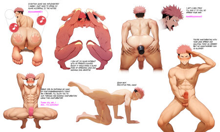 abs anal_object_insertion anal_sex ass back back_view bara bare_pectorals blowjob blush censored english_text gay itadori_yuuji jujutsu_kaisen large_pectorals looking_at_viewer male male_focus male_only multiple_views muscular muscular_male naked nipples open_mouth pecs pectorals peeing pink_hair pink_nipples sex_toy slave solo solo_focus solo_male urine yaoi