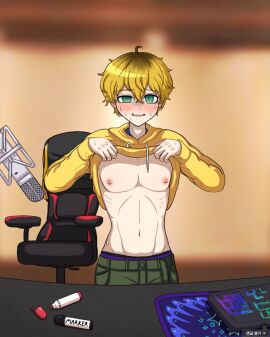 1boy blonde-haired_male blonde_hair blonde_male blush blush_lines danganronpa danganronpa_mauve embarrassed fanganronpa green_eyes keyboard lifting_shirt male male_focus male_only marker microphone only_male shinano_shoji solo solo_male sprite sprite_edit streamer streaming sweat sweatdrop sweating