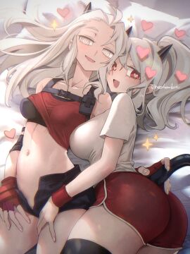 2girls :d absurdres ass bare_shoulders black_horns black_thighhighs blush booty_shorts bra breasts clothes_lift collarbone cowboy_shot crop_top demon demon_girl demon_horns demon_tail female fingerless_gloves gloves grey_eyes grey_hair grey_shirt harness heart heart-shaped_pupils hearts helltaker highres horns justice_(helltaker) large_breasts long_hair lying modeus_(helltaker) multiple_females multiple_girls navel noah_(tettsui-sole) noaharbre official_alternate_costume on_back on_bed open_clothes open_mouth open_shorts pillow ponytail red_eyes red_gloves red_shirt shirt shirt_lift short_shorts short_sleeves shorts smile sparkle symbol-shaped_pupils tail thighhighs white_eyes white_hair white_shirt