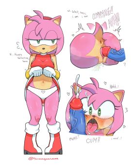 amy_rose anus ass blue_body blue_penis blush boots bracelet cum cum_on_face dress dress_lift female gloves green_eyes heart-shaped_pupils hedgehog male open_mouth oral panties penis pink_body pussy sonic_(series) sonic_the_hedgehog sonic_the_hedgehog_(series) srningensame tail tailwag tongue tongue_out