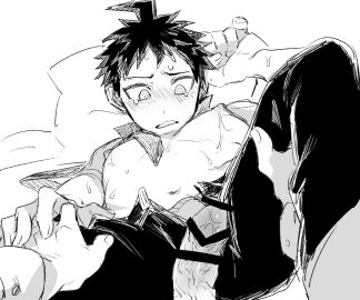 clothed clothing danganronpa danganronpa_2:_goodbye_despair gay hinata_hajime impending_sex legs_held_open male male/male male_focus male_only nipples pecs penis skinny yaoi young