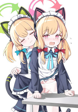 2girls :3 @_@ absurdres animal_ear_headphones animal_ears apron black_dress black_tail blonde_hair blue_archive blue_ribbon blush bow cat_ear_headphones cat_ears cat_tail chinese_commentary closed_eyes closed_mouth clothes_lift collared_dress commentary_request contrast_collar crotch_rub dress dress_lift facing_viewer fake_animal_ears fake_tail female_masturbation frilled_dress frills front-to-back green_bow green_halo hairbow halo head_tilt headphones highres lifting_another's_clothes long_hair long_sleeves looking_at_another looking_back low-tied_sidelocks maid maid_apron maid_headdress masturbation midori_(blue_archive) midori_(maid)_(blue_archive) momoi_(blue_archive) momoi_(maid)_(blue_archive) multiple_girls navel neck_ribbon no_panties nose_blush oerba_yun_fang open_mouth pantyhose parted_bangs pink_eyes pink_halo puffy_long_sleeves puffy_sleeves pussy pussy_juice red_bow ribbon siblings sidelocks simple_background sisters skin_fang smile standing sweat table table_humping tail tearing_up thighband_pantyhose torchcho torn_clothes torn_pantyhose twins twintails uncensored white_apron white_background white_headdress white_pantyhose