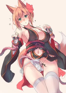 ? animal_ears bare_shoulders blush breasts cleavage clothing_cutout covered_penetration detached_sleeves female fingerless_gloves fox_ears gloves green_eyes hair_ornament holding_another's_wrist implied_penetration implied_sex navel_cutout orange_hair original panties pelvic_curtain pussy revealing_clothes sawaya_(mizukazu) sex_under_clothes side-tie_panties sideboob simple_background tentacle tentacle_in_pussy tentacles_around_wrists tentacles_under_clothes thighhighs trembling underwear wide_sleeves