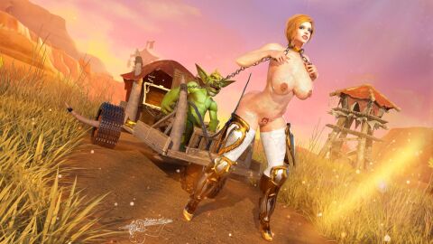 3d bellakvo blizzard_entertainment blonde_female blonde_hair branding_mark cart chains choker female goblin goblin_male gold_jewelry green_cock horde horde_domination horde_symbol horde_tattoo horse_girl human human_female legwear legwear_only looking_at_viewer makeup male nipple_piercing nipples nude_female nude_male oc penis pubic_tattoo pulling_carriage red_lipstick slavery tattoo whipping world_of_warcraft