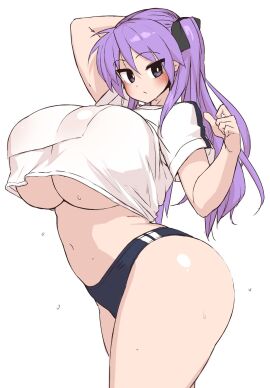 aged_up arms_up blush breasts buruma cowboy_shot female huge_breasts huge_thighs kagami_hiiragi looking_back lucky_star makino_momiji_(artist) one_arm_behind_head purple_hair thick_thighs underboob v-shaped_eyebrows voluptuous wide_hips