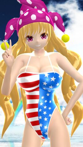 1girls 2023 3d adult_female american_flag_swimsuit beach bending_forward blonde-haired_female breasts clavicle cleavage clouds clownpiece fairy female hand_on_hip hat hati_yukkuri_mmd hips jester_hat lampad light-skinned_female light_skin long-haired_female looking_at_viewer mmd outdoors peace_sign pink_eyes rainbow sky solo_female solo_focus stars_and_stripes swimsuit touhou waist water